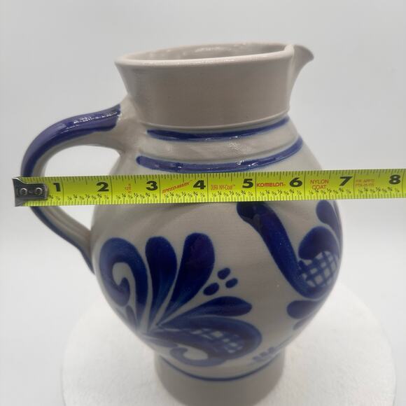 Vtg Handarbeit Salt Glaze German Water Jug Pitcher Art Pottery Gray Blue Cottage - Picture 11 of 13